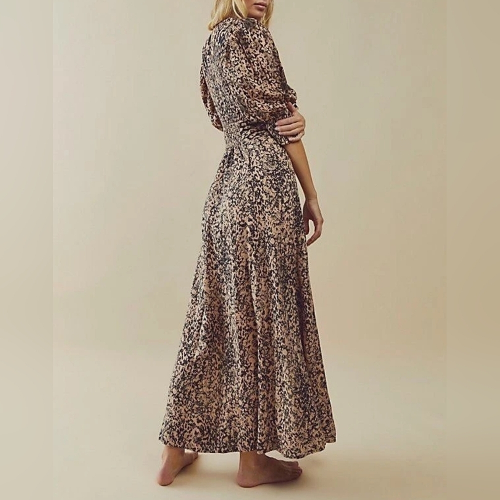 Free People String Of Hearts Printed Maxi Smocked V-Neck Dress Tan & Black Sz L - Picture 2 of 15